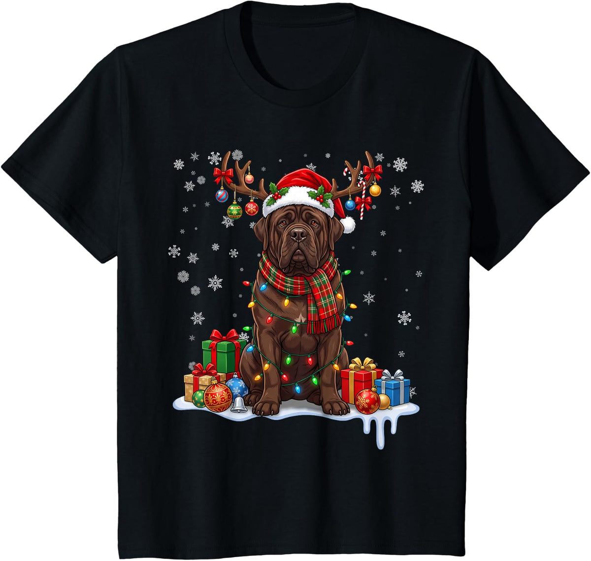 Mastiff Dog Christmas Tree Light Cute Xmas Pajama Dog T-Shirt - Black