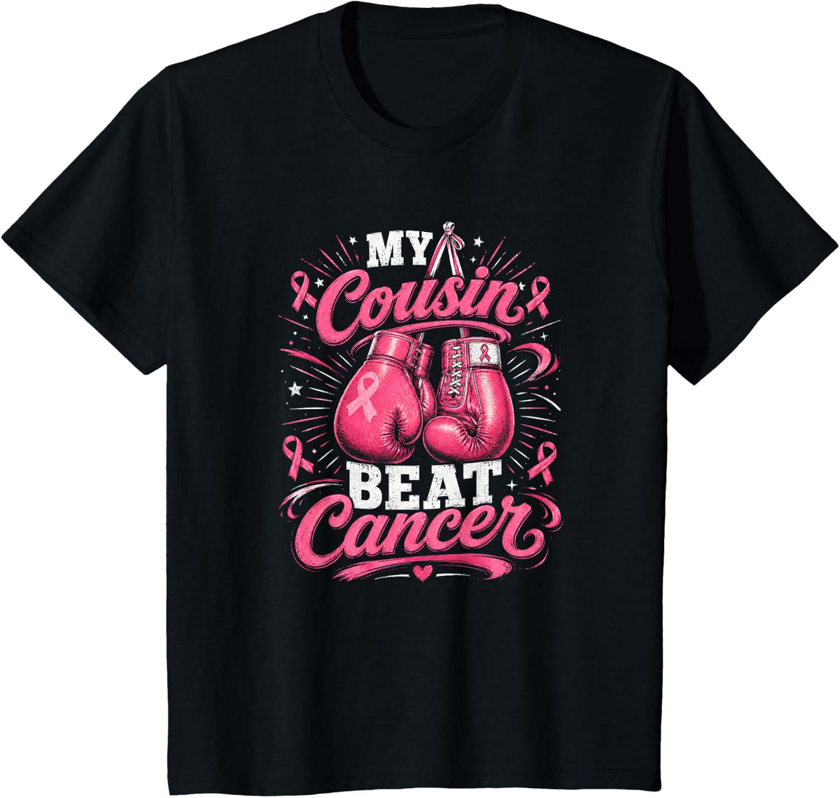 My Cousin Beat Cancer Breast Cancer Boxing Gloves T-Shirt - Black