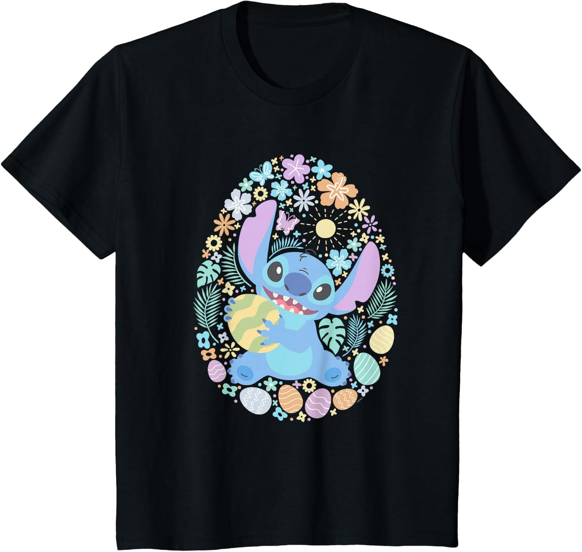 Disney Lilo & Stitch Easter Egg Flowers Spring Pastel Colors T-Shirt - Black