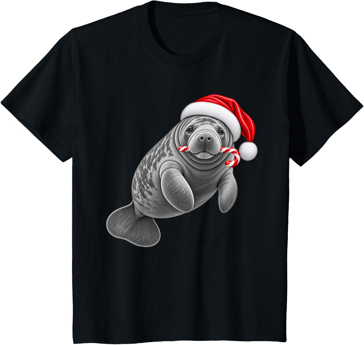 Manatee Christmas Santa Hat Candy Cane Xmas Animal T-Shirt - Black