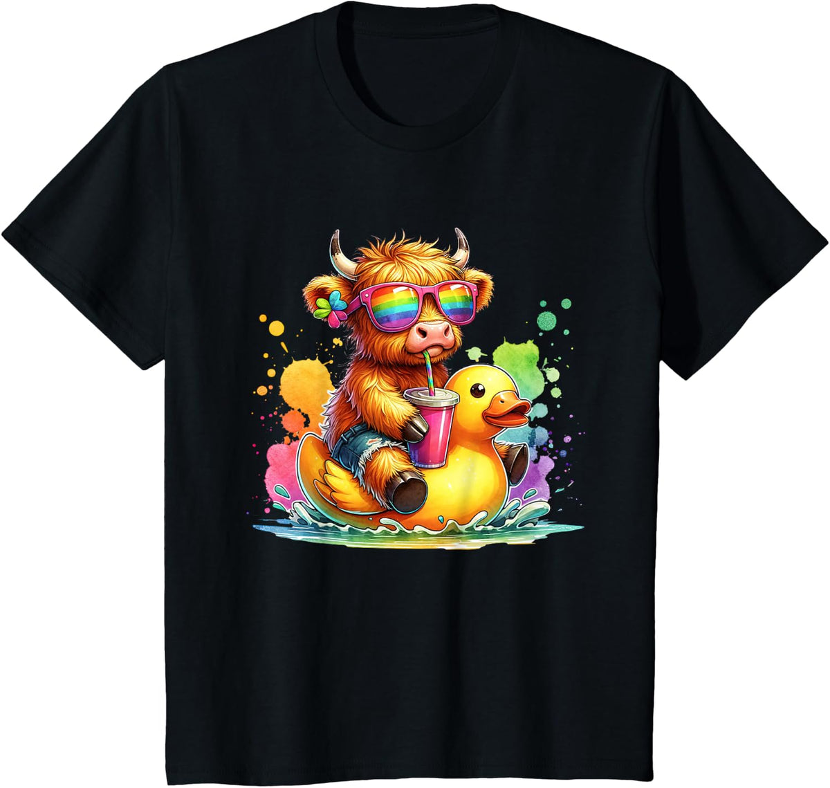 Cute Highland Cow Duck Pool Float Summer Vibes Swimming T-Shirt - Black