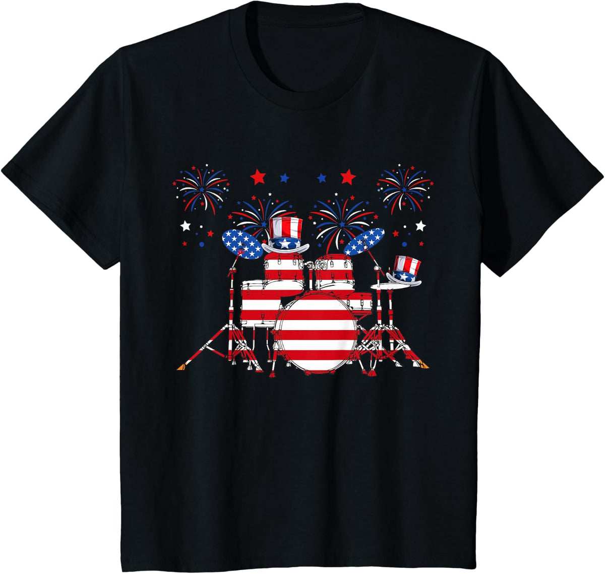 Red Blue White Three Cute Drums 4th Of July Fireworks T-Shirt - Black