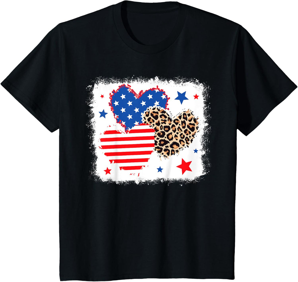 4th of July Women USA Love Heart Leopard American Flag T-Shirt - Black