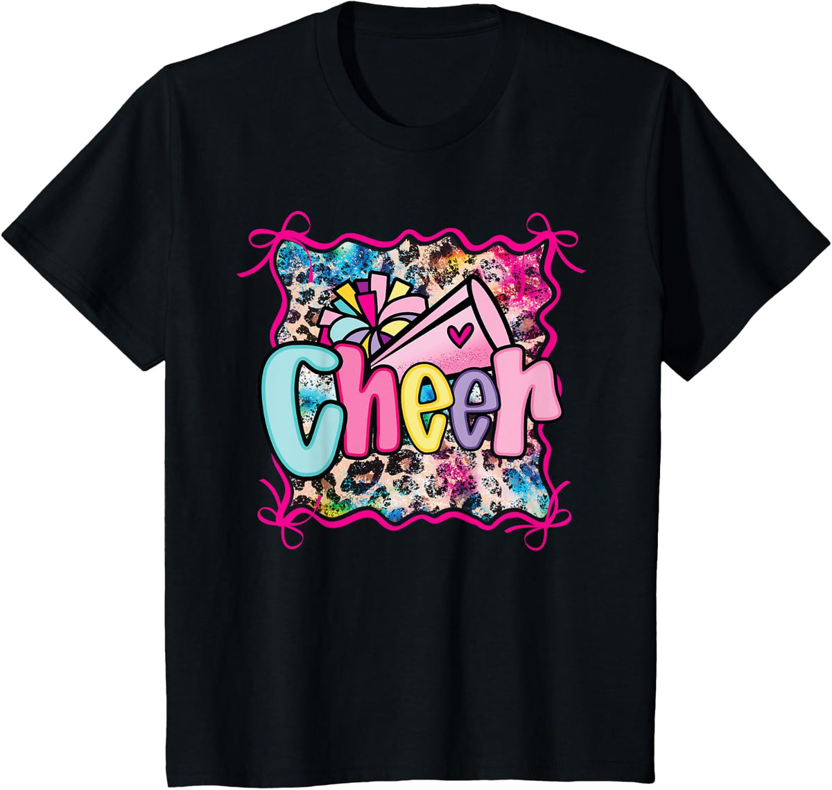 Rainbow Coquette Cheer Cheerleader Pom Megaphone Girl Bow T-Shirt - Black