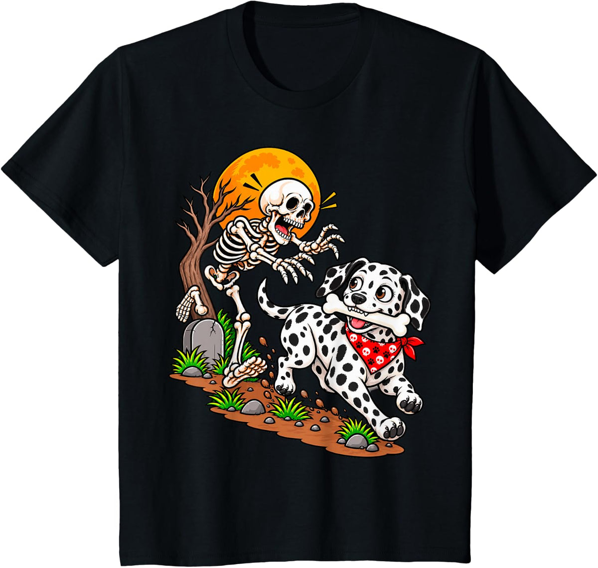 Dalmatian Dog Stealing Bone from Skeleton Halloween T-Shirt - Black