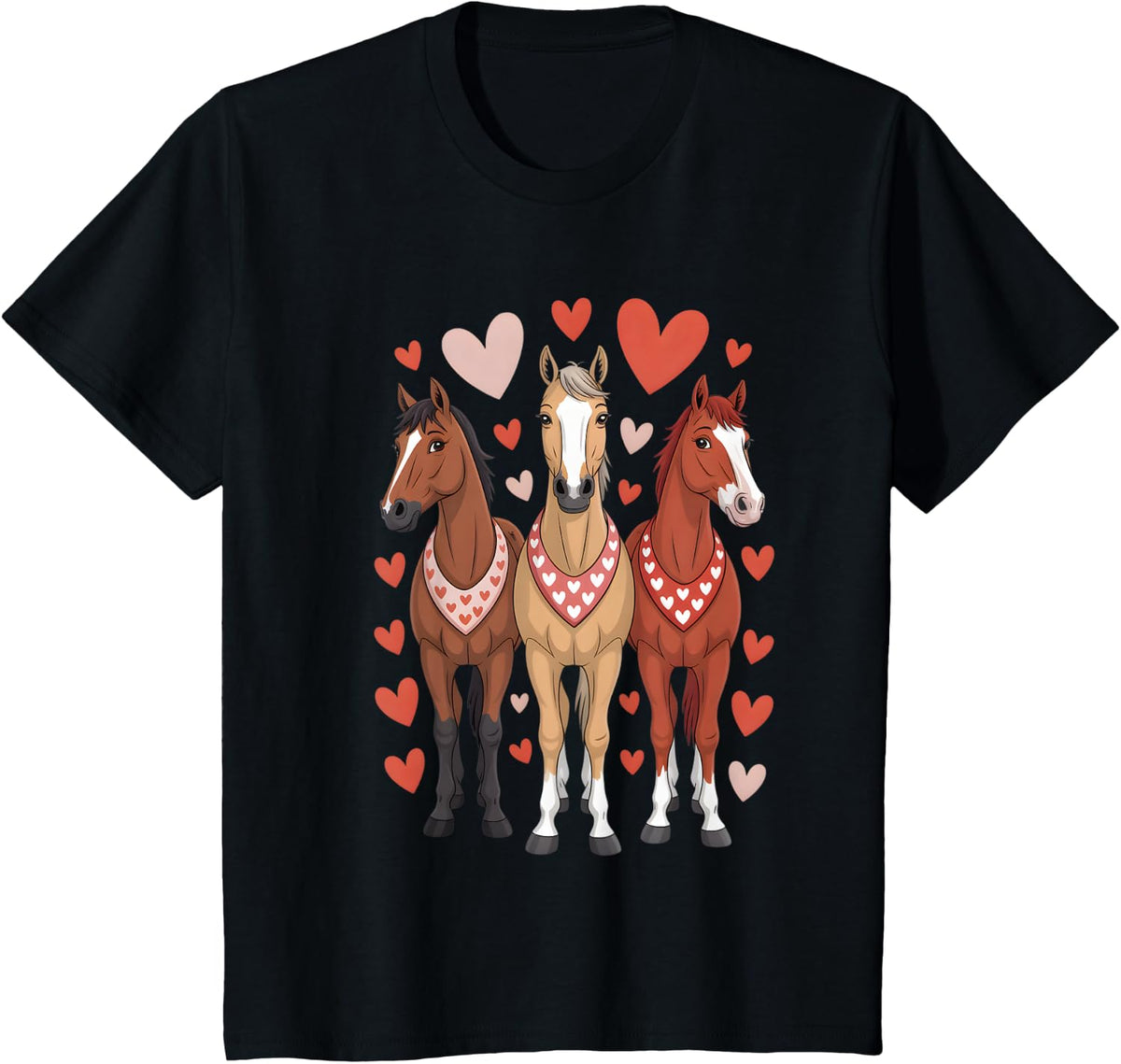 Horses Hearts Equestrian Girls Valentines T-Shirt - Black