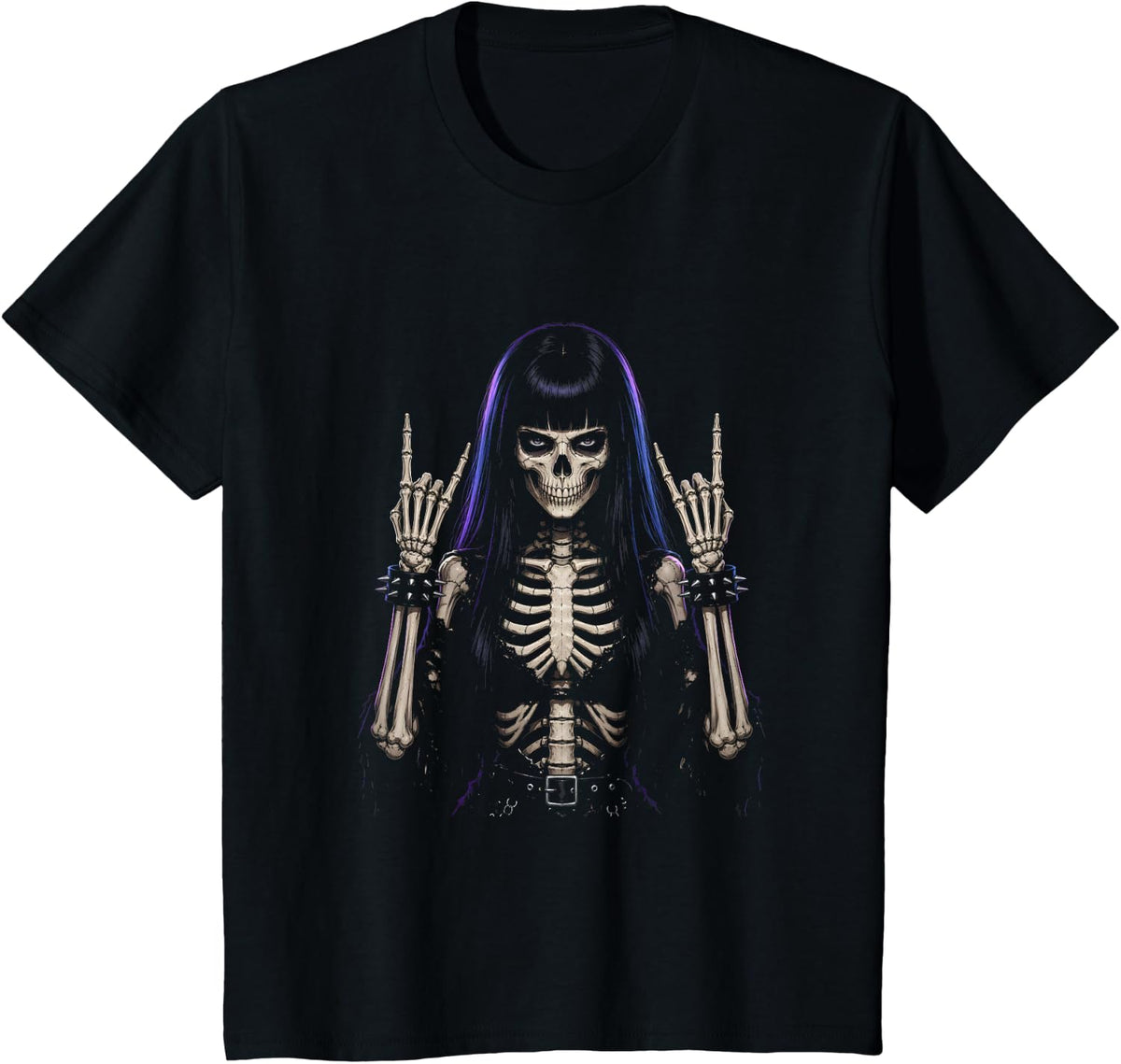 Skeleton Goth Girl Rock Music Spooky Funny Halloween Party T-Shirt - Black