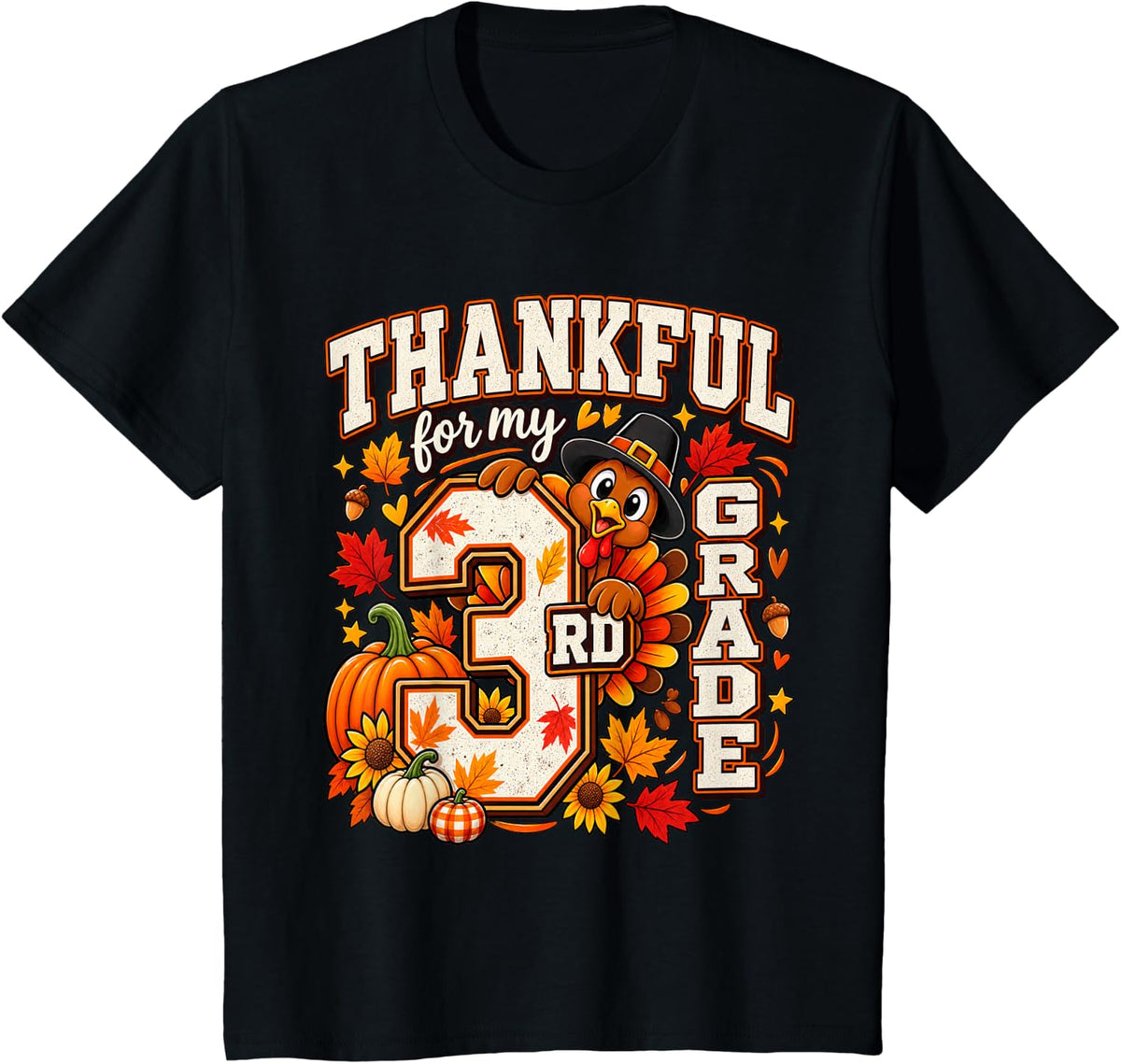 School Turkey Teacher Thankful for My 3rd Grade Thanksgiving T-Shirt - Black