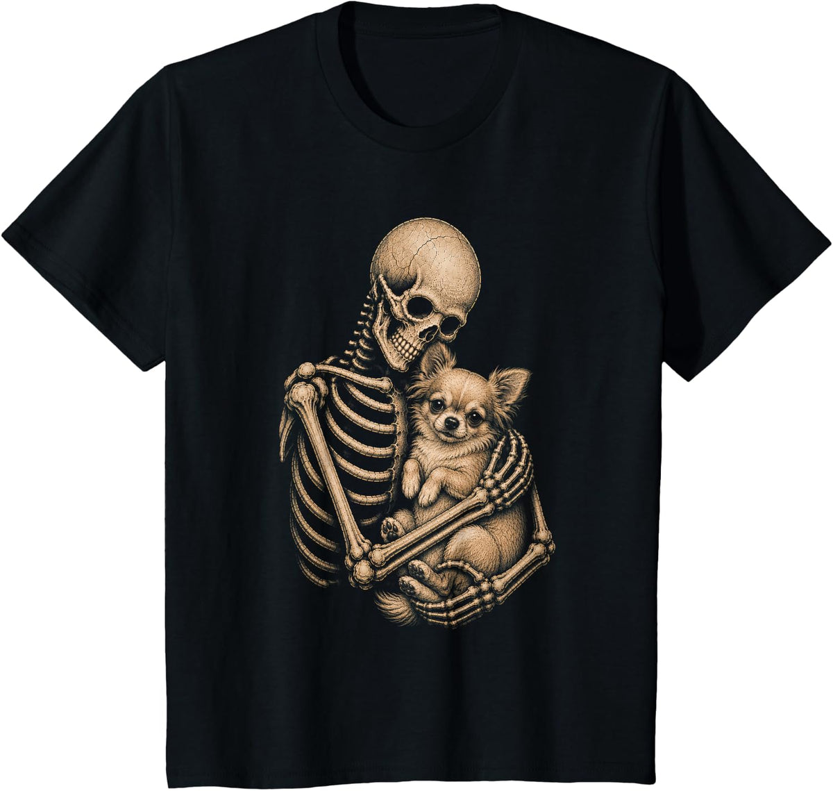 Skeleton Hugging Chihuahua Dog Lover Funny Halloween Costume T-Shirt - Black