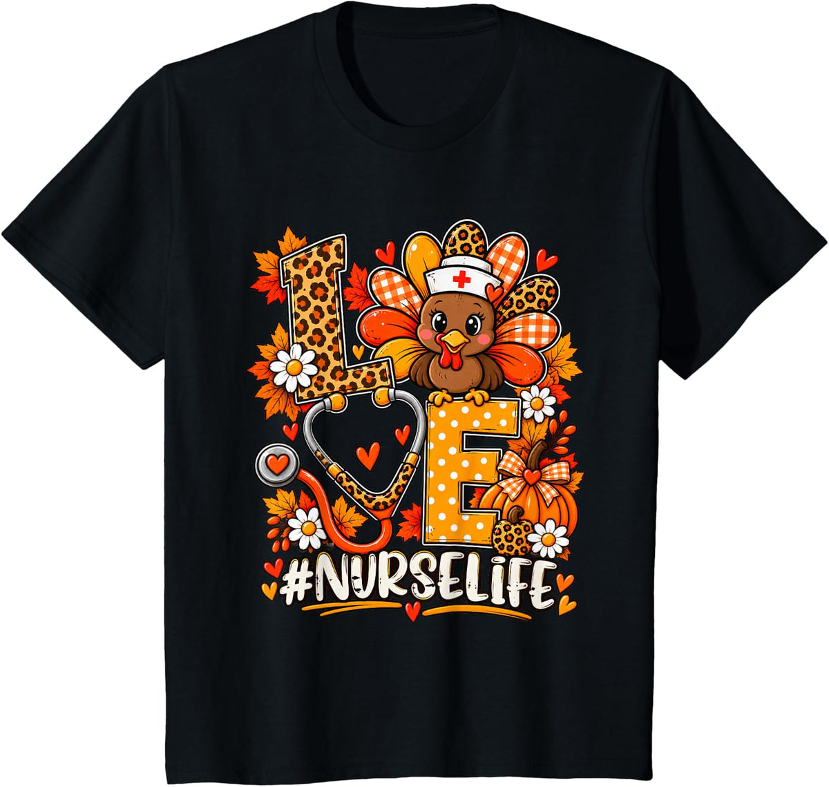 Thanksgiving Nurse Turkey Stethoscope Autumn RN & Nurse Life T-Shirt - Black