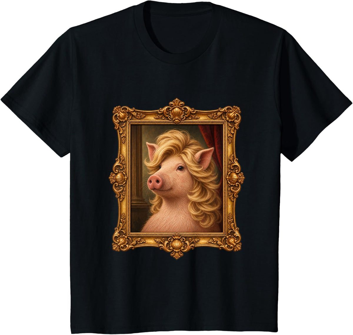 Pig Golden Blowout Hair Funny Animal Portrait T-Shirt - Black