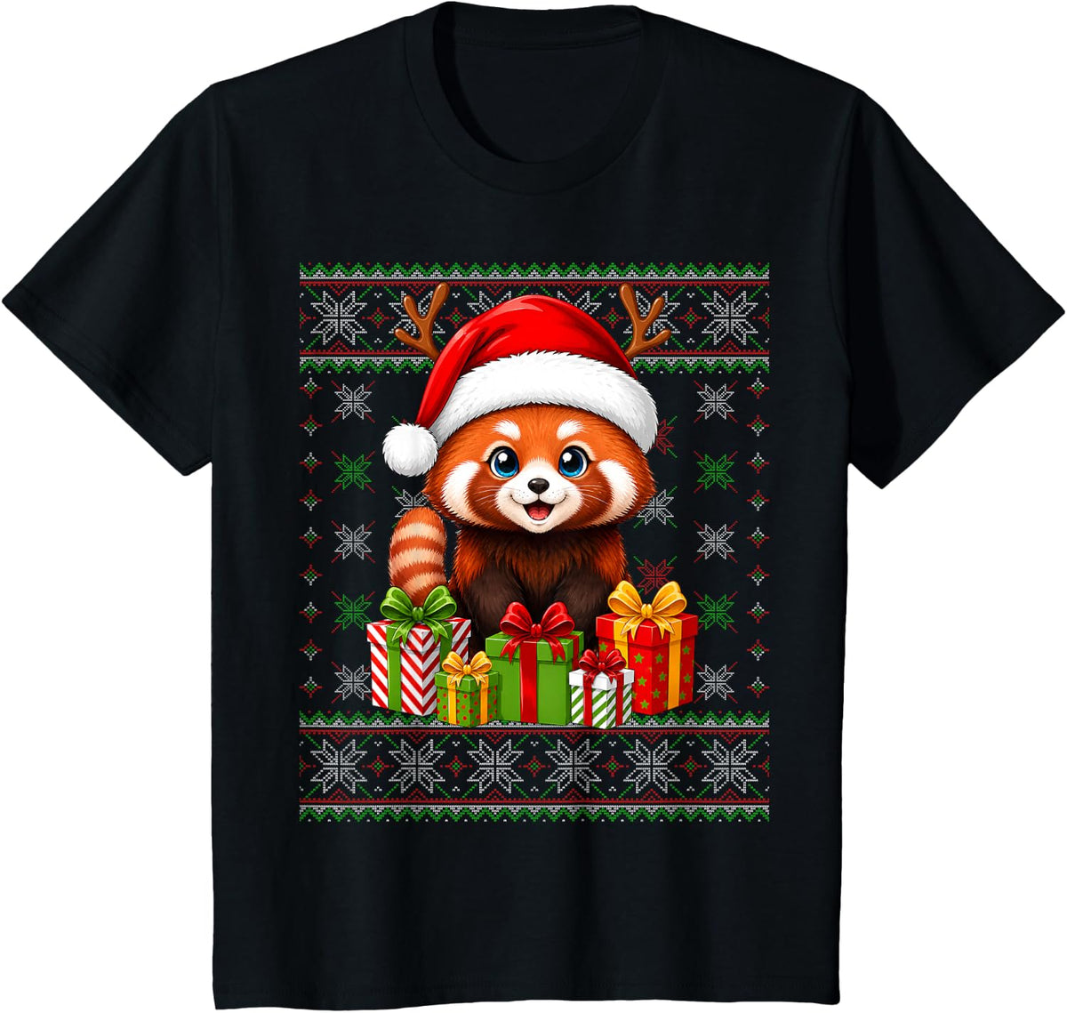 Red Panda Xmas Ugly Sweaters Santa Red Panda Christmas T-Shirt - Black