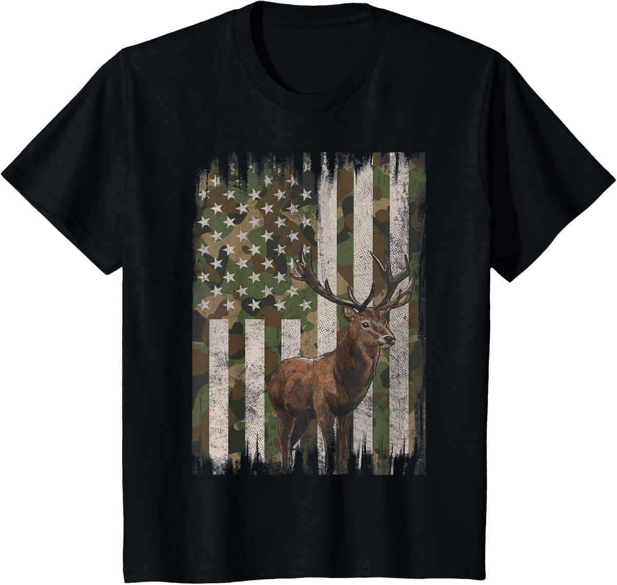 Deer Hunting Whitetail Camo American US Flag Elk Buck T-Shirt - Black