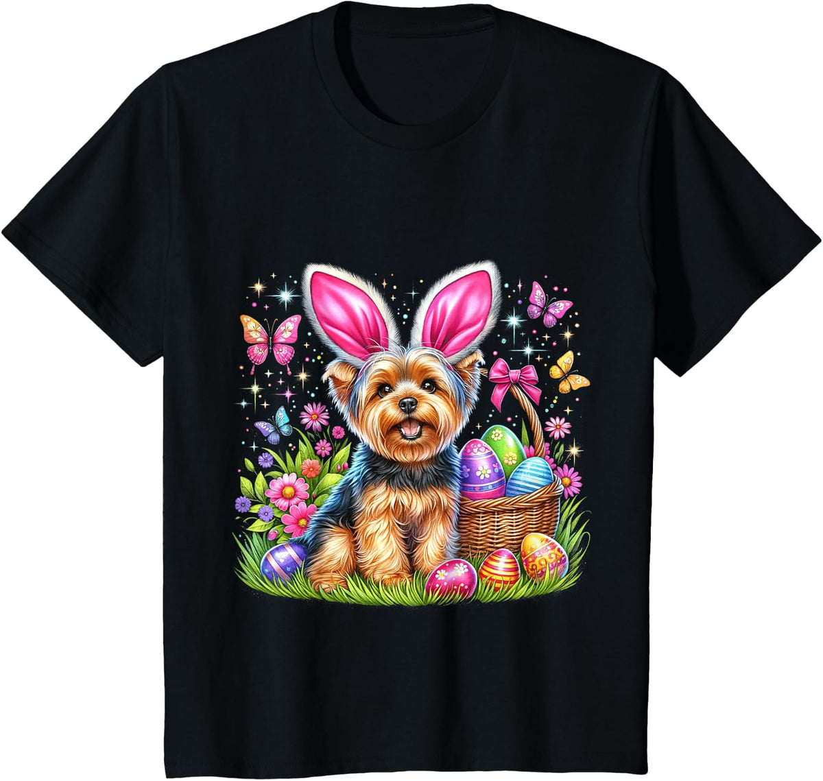 Cute Bunny Yorkshire Terrier Dog Easter Eggs Basket Men Women Kids T-Shirt - Black