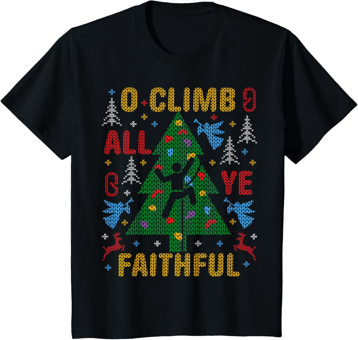 Funny Rock Climbing Ugly Christmas Sweater Party Climber T-Shirt - Black