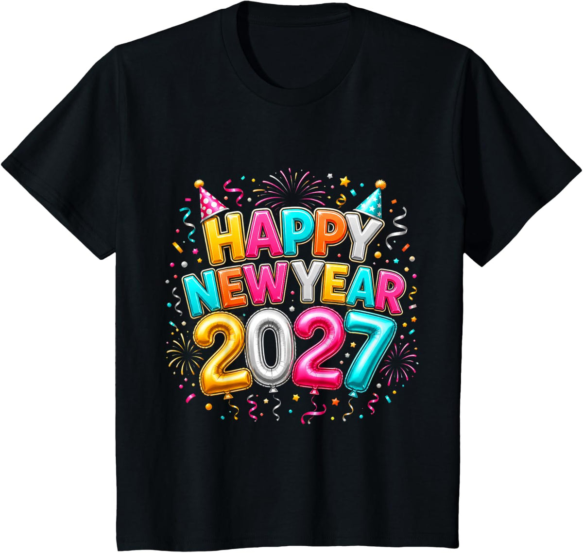 Happy New Year 2027 Balloon Fireworks T-Shirt - Black