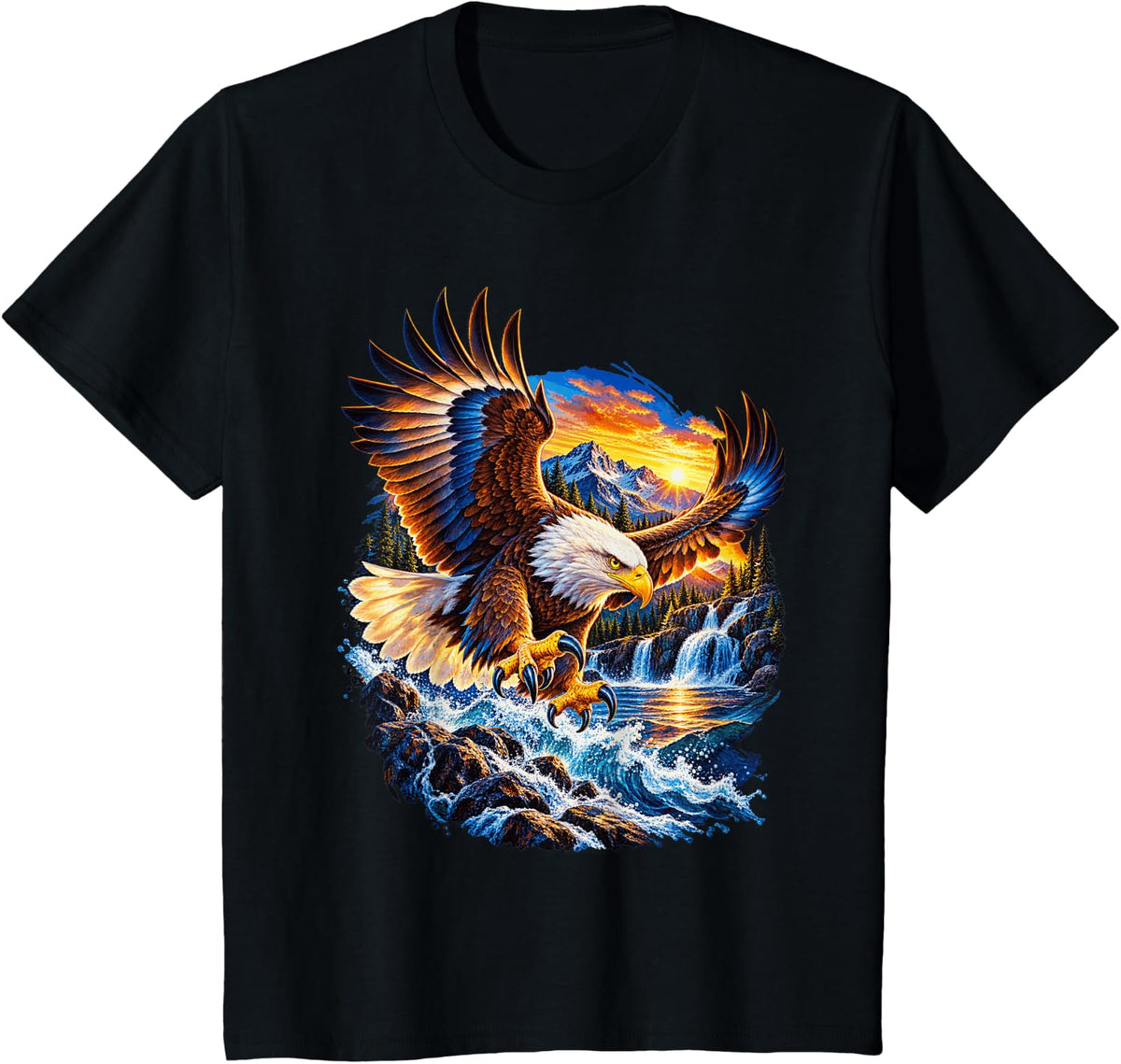 Bald Eagle Mountain Waterfall Wilderness Nature Art T-Shirt - Black