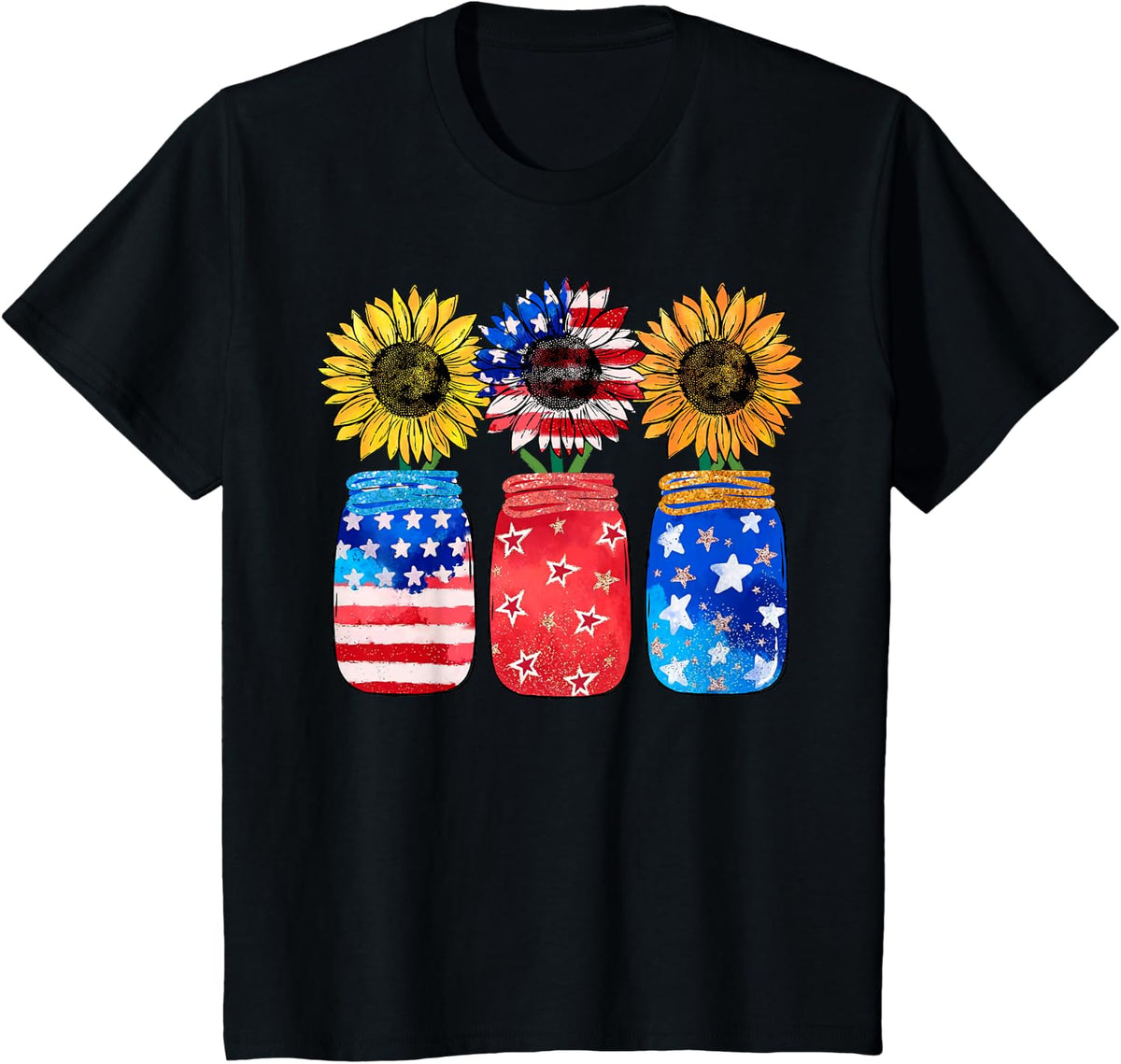 Womens Sunflower American Flag Patriotic 4th Of July Merica T-Shirt - Black