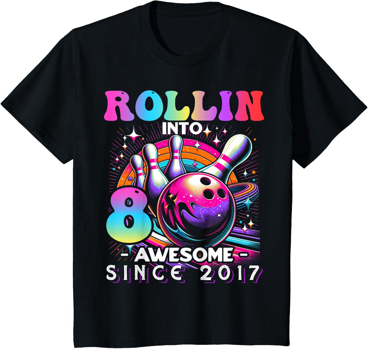 Bowling Party Rollin' 8 Awesome 2017 8th Birthday Girls T-Shirt - Black