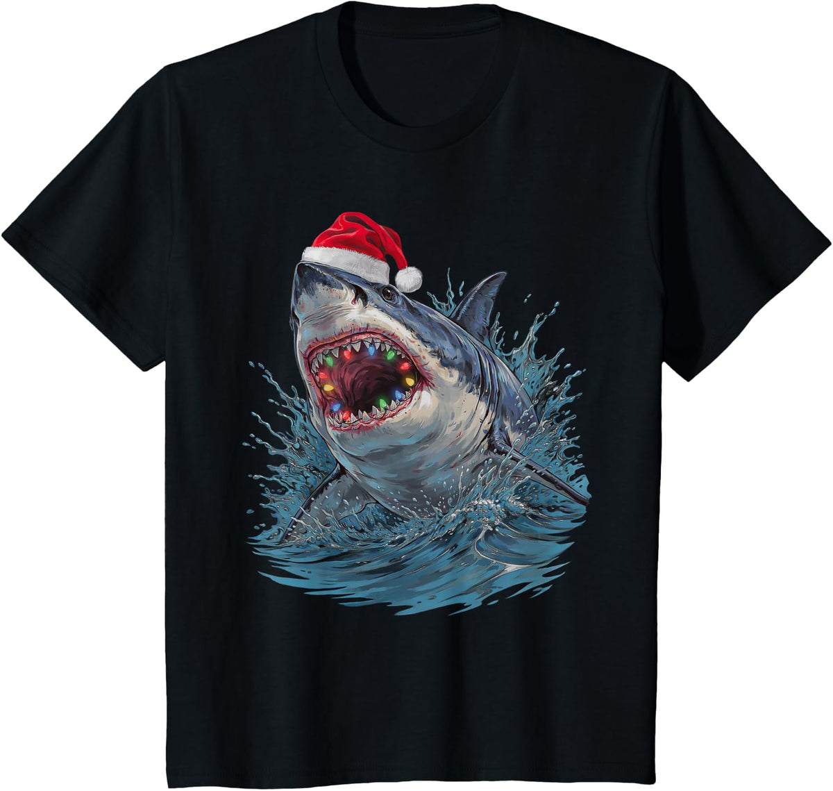 Santa Hat Shark Christmas Lights Teeth Funny Shark Christmas T-Shirt - Black