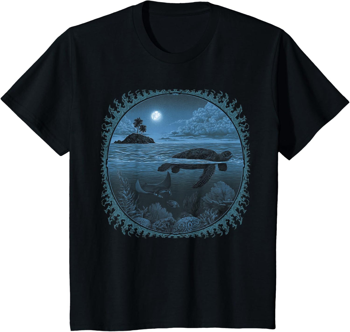 Moonlight Sea Turtle Ocean Marine Life Hawaiian Tropical T-Shirt - Black