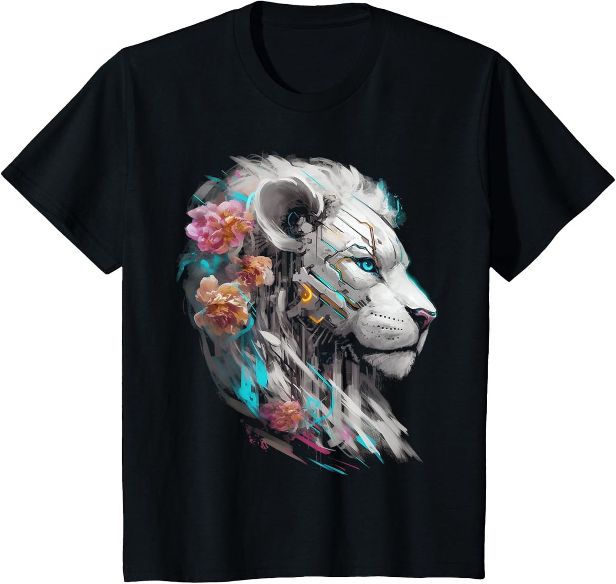 White Lion Fantasy Flowers Art - Blue Eyes Animal Lion T-Shirt - Black