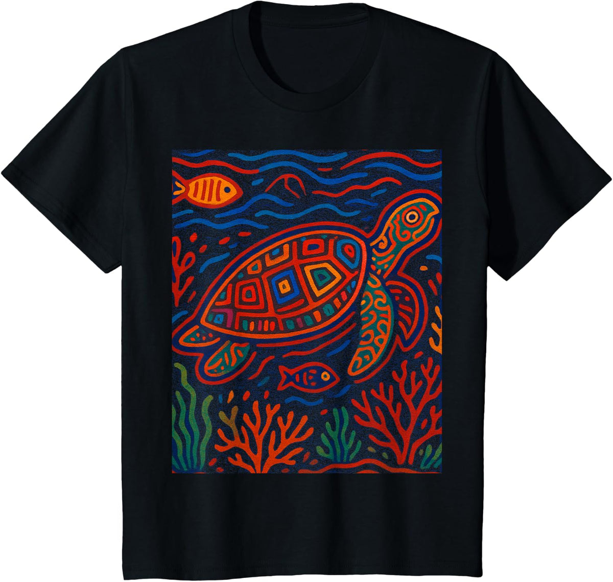 Sea Turtle Shirt Inspired by Mola Artwork of Panama Kuna Tee T-Shirt for Women Men - Black