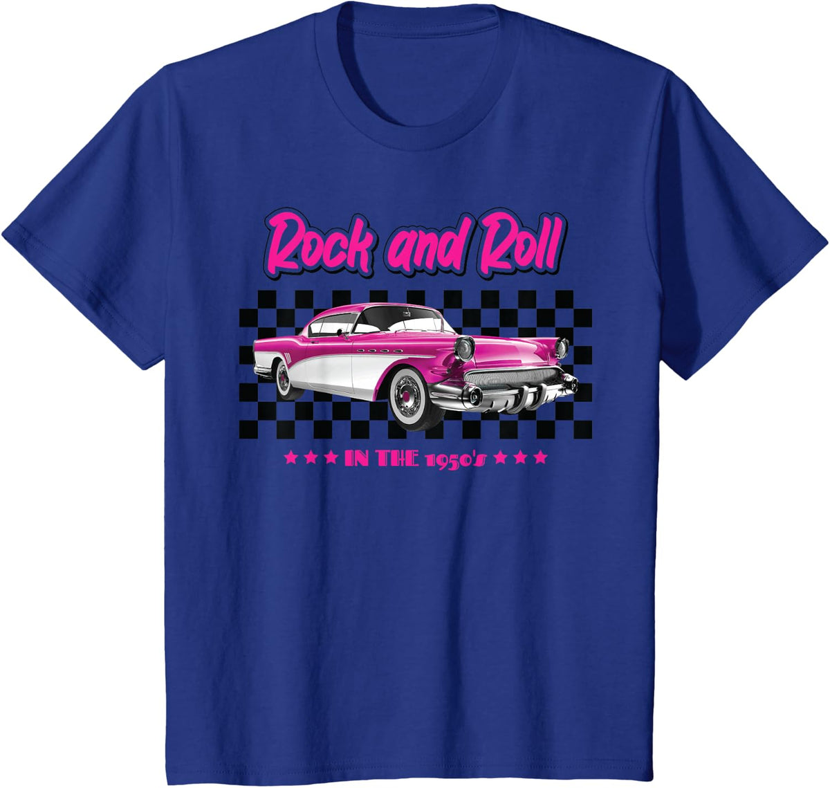 1950s Fifties Retro Rock and Roll Vintage Pink Car T-Shirt - Royal Blue