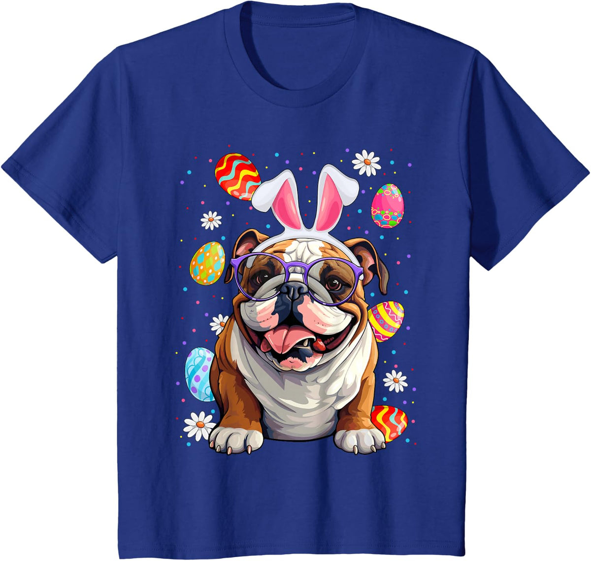 Cute English Bulldog Dog With Bunny Ears & Egg Easter Day T-Shirt - Royal Blue