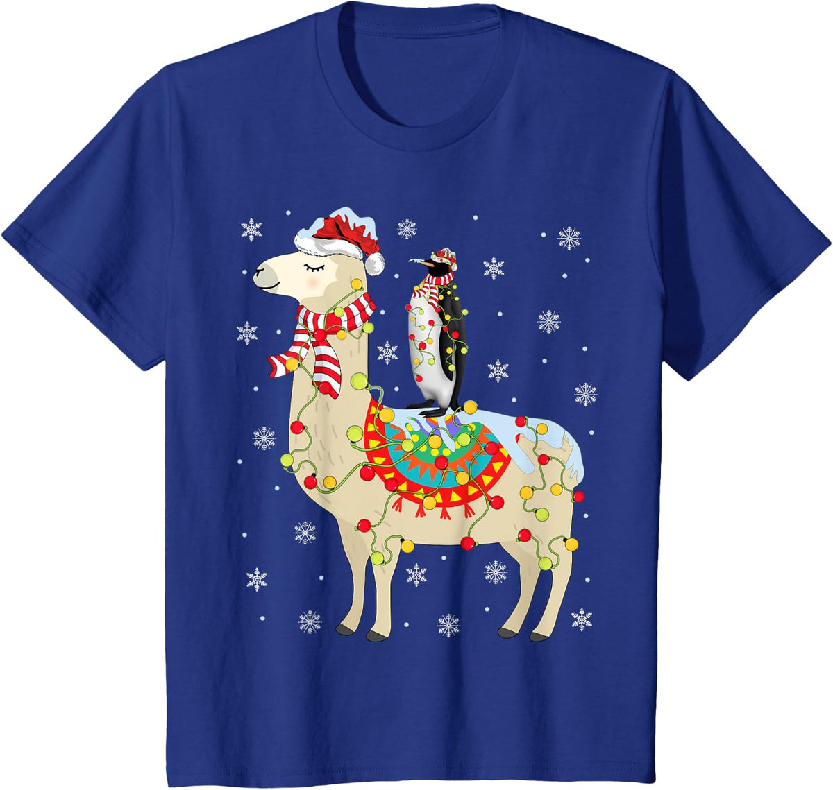 Xmas Lighting Santa Llama Riding Penguin Christmas T-Shirt - Royal Blue