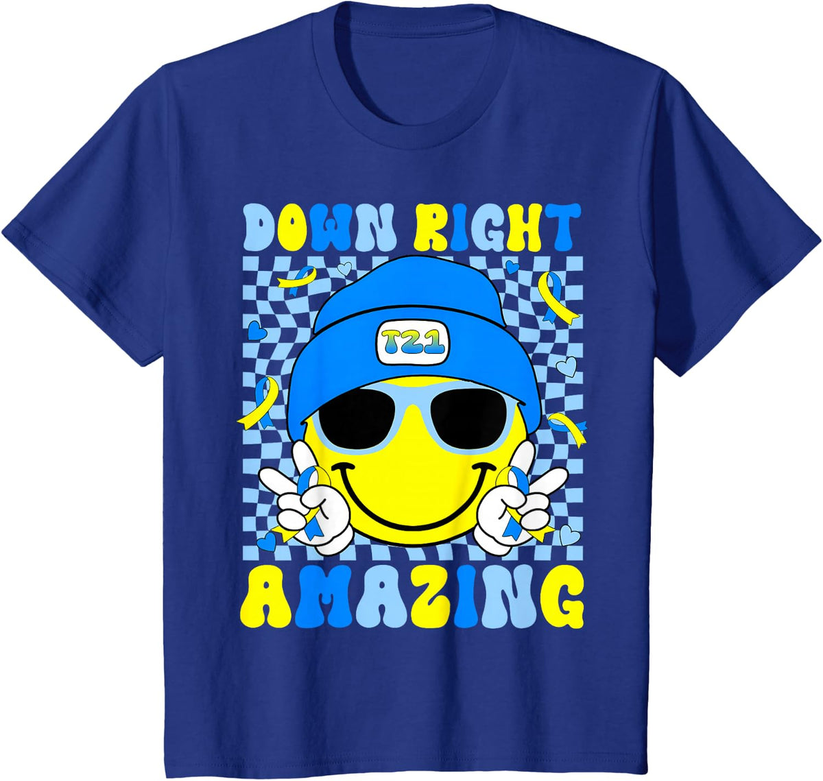 Down Right Amazing T21 Down Awareness Smile Face Boy Girl T-Shirt - Royal Blue
