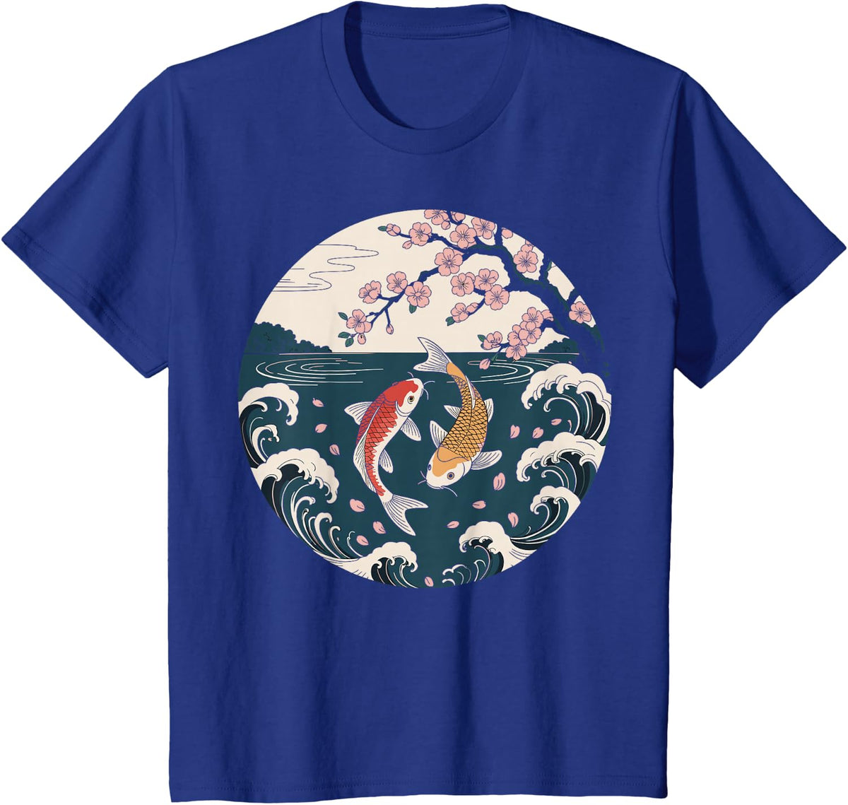 Koi Fish Pond Sakura Japanese Vintage Art Koi Lover T-Shirt - Royal Blue