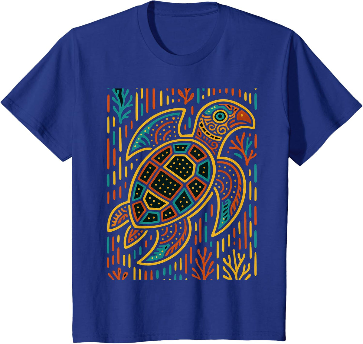 Sea Turtle Inspired by Mola Artwork of Panama Kuna T-Shirt - Royal Blue