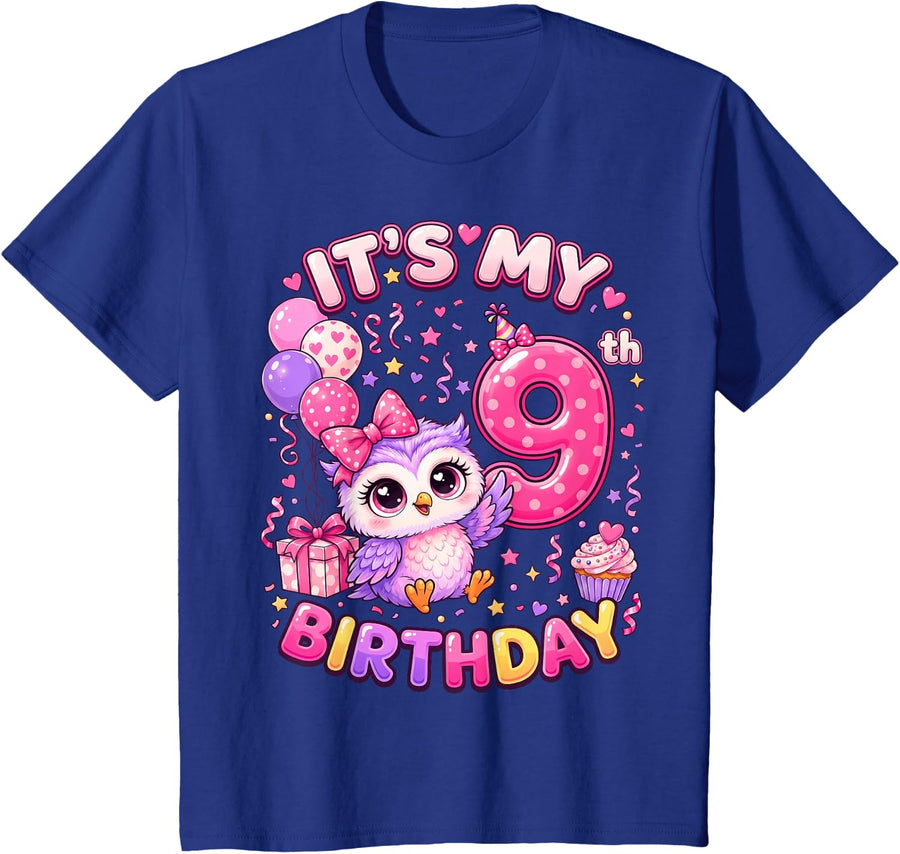 Owl It's My 9th Birthday 9 Year Old Birthday Cute Owl Girl T-Shirt - Royal Blue