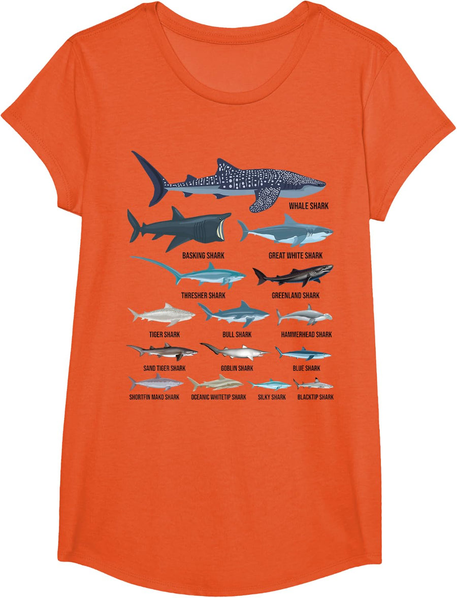 Types of Sharks Shark Species Identification Ocean Lovers T-Shirt - Girls Orange