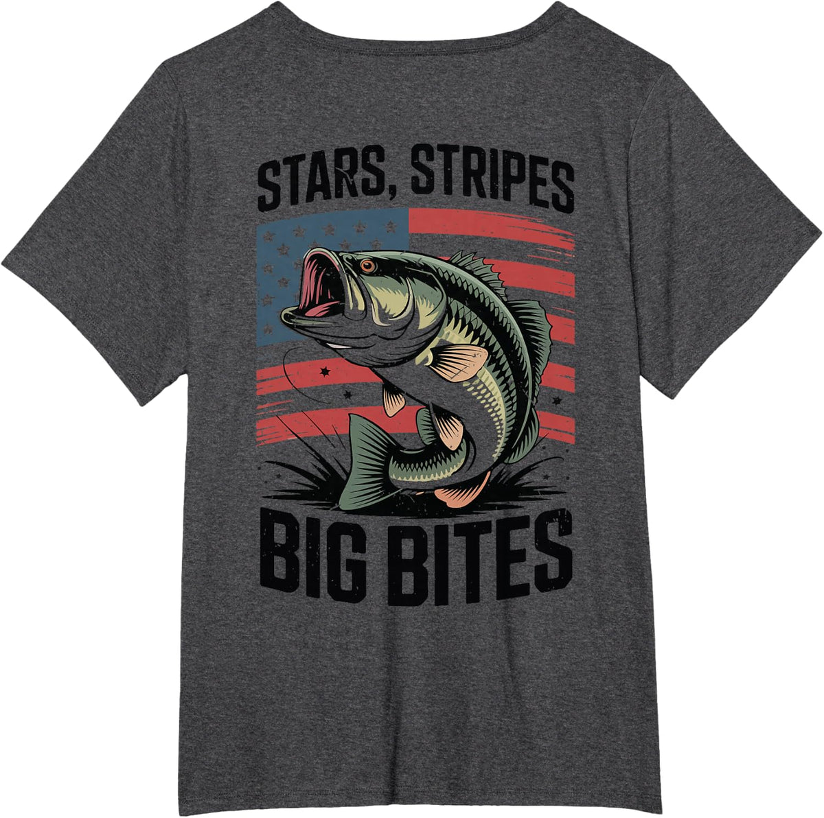 4th July Fishing Stars Stripe & Big Bites Patriotic Men Boy T-Shirt - Dark Heather Grey