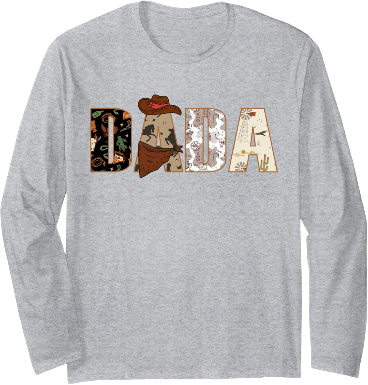 DADA Cowboy Western - Dads First Rodeo Birthday Long Sleeve T-Shirt - Adult Unisex Heather Grey