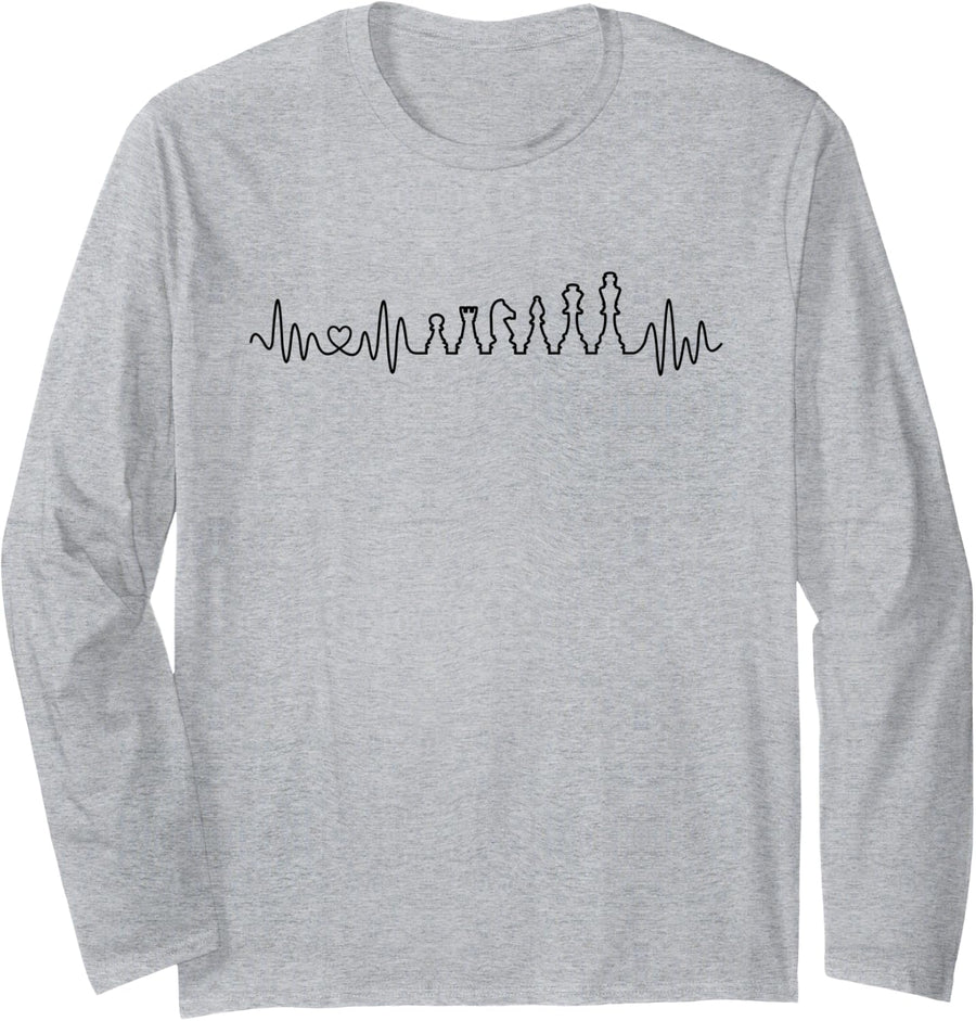 Chess Player Heartbeat with Heart for Chess Game Man Woman Long Sleeve T-Shirt - Adult Unisex Heather Grey