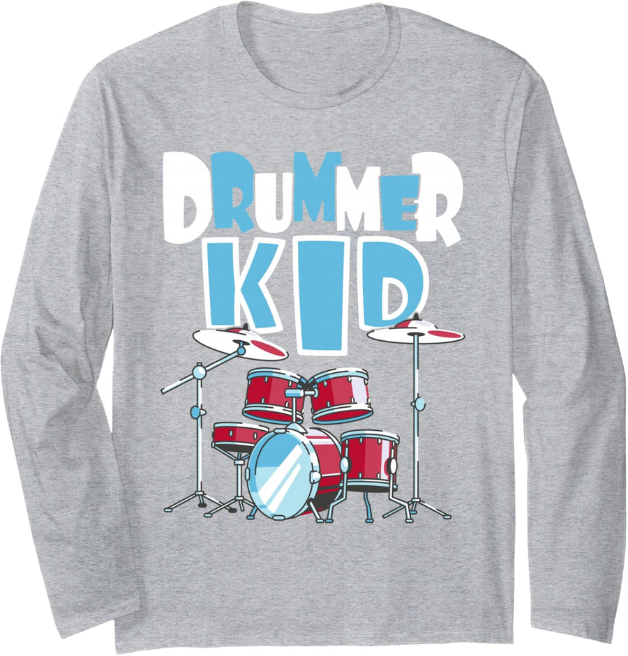Drummer Kid - Funny Percussionist Drums Musician Long Sleeve T-Shirt - Adult Unisex Heather Grey