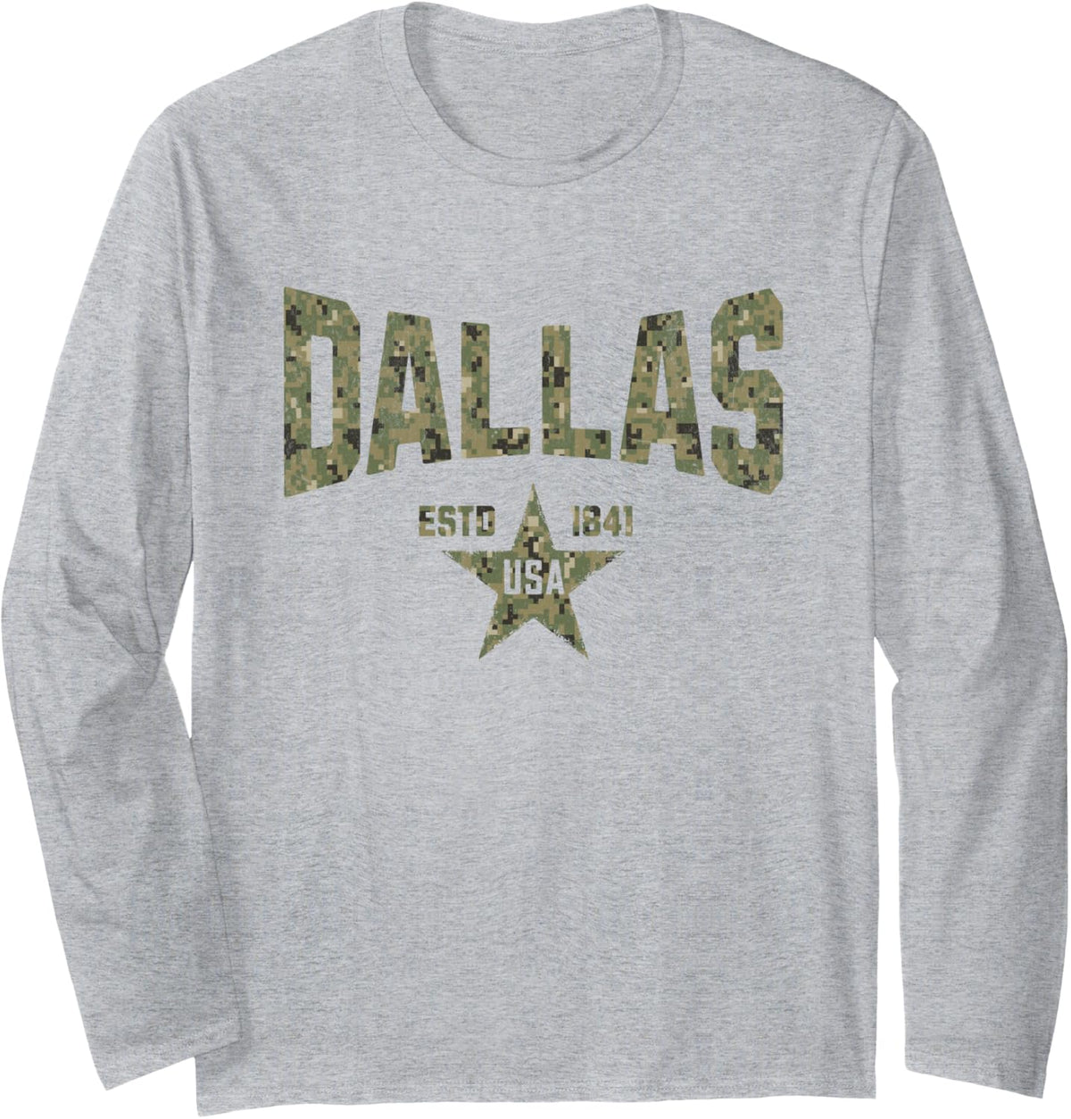 Camo Souvenir USA Star Dallas Texas Long Sleeve T-Shirt - Adult Unisex Heather Grey