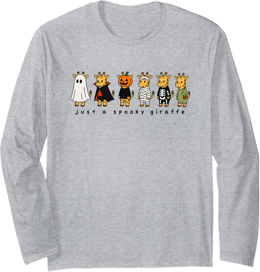 Giraffe Cute Animal Lover Spooky Fall Halloween Graphic Long Sleeve T-Shirt - Adult Unisex Heather Grey