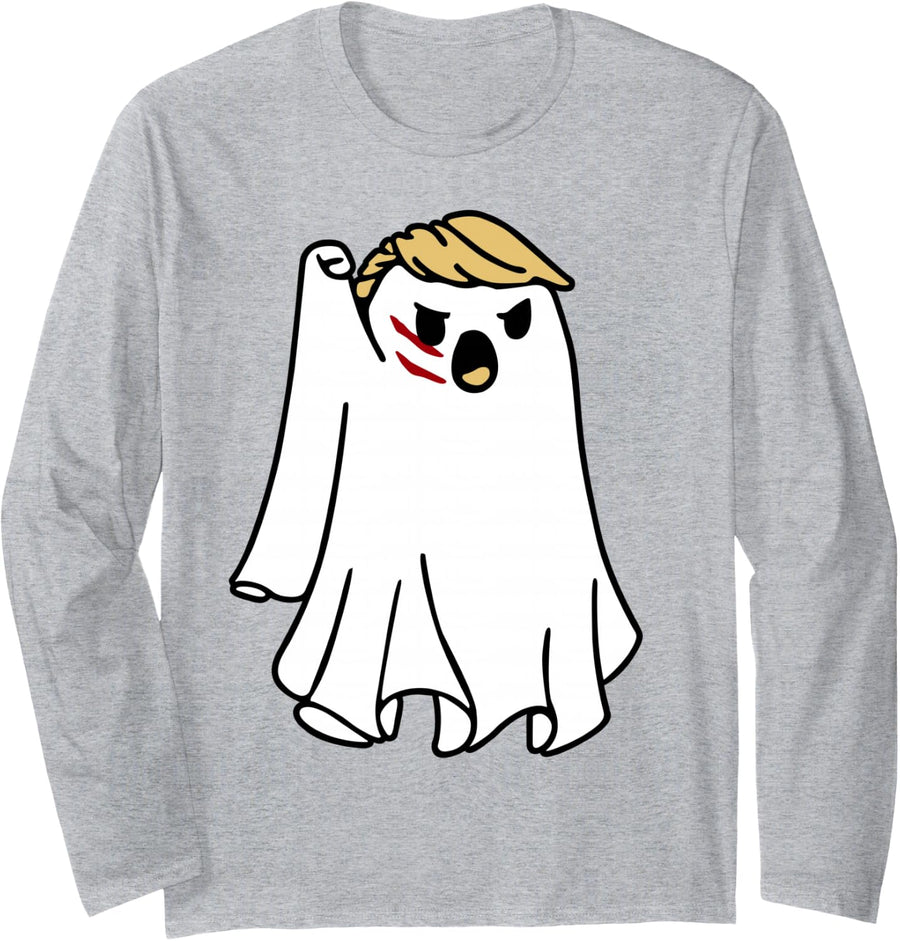 Trump Fight Ghost Funny Halloween Trumpkin Long Sleeve T-Shirt - Adult Unisex Heather Grey