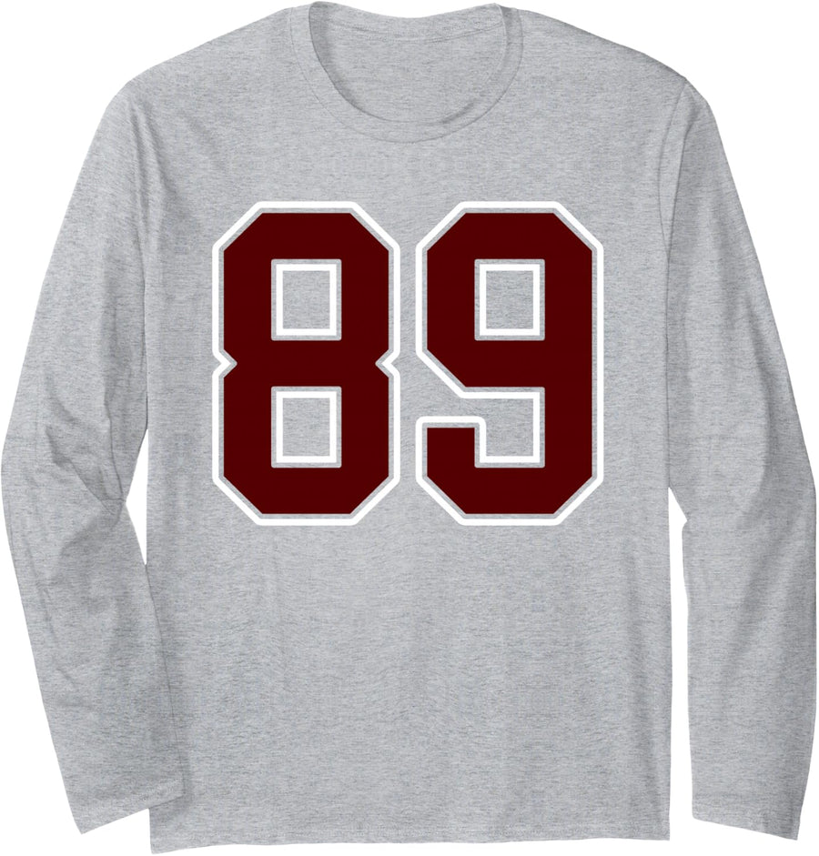 Maroon and White Number 89 Jersey Player Uniform #89 Fan Long Sleeve T-Shirt - Adult Unisex Heather Grey