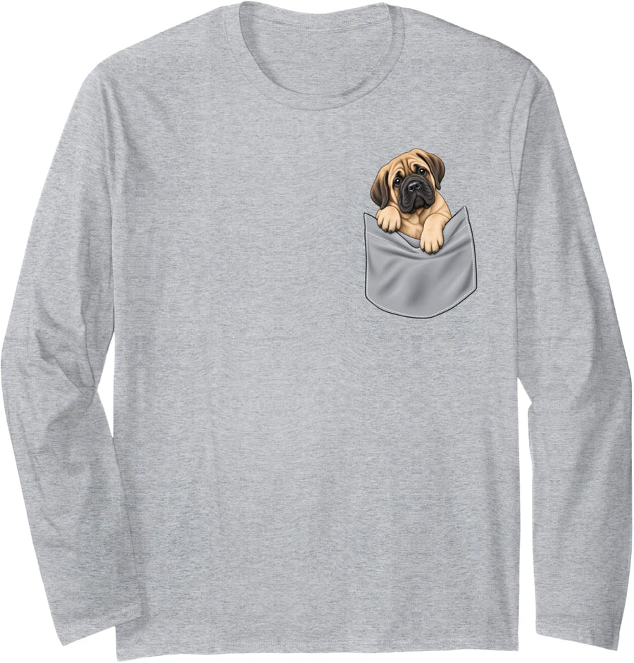 Cute Mastiff Dog Pocket Funny Dog Mom Dog Dad Dog Lover Long Sleeve T-Shirt - Adult Unisex Heather Grey