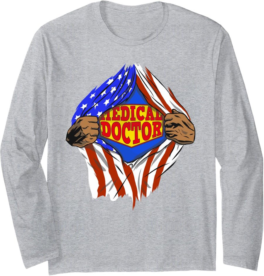 Funny Super Medical Doctor Hero Job Long Sleeve T-Shirt - Adult Unisex Heather Grey