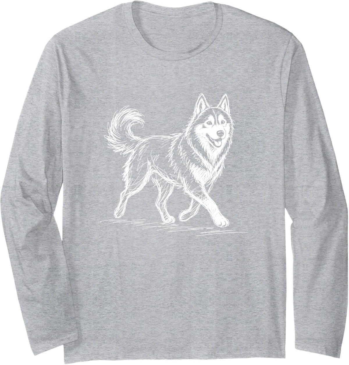 Siberian Husky Scribble Doodle Art Illustration Minimalist Long Sleeve T-Shirt - Adult Unisex Heather Grey
