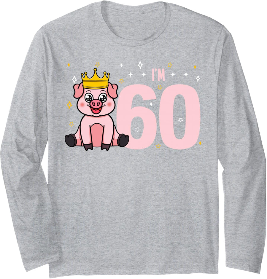 Pig 60th Birthday Farm Party Hog Farmer Farmyard Oink Piggy Long Sleeve T-Shirt - Adult Unisex Heather Grey