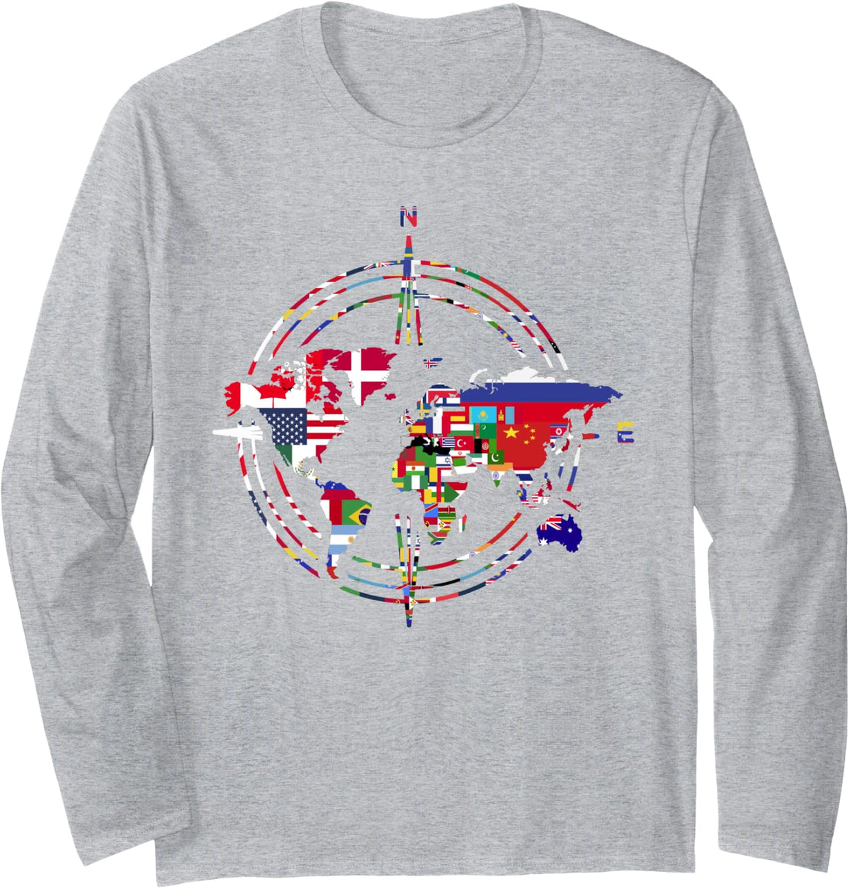 Traveler Country Flags Compass Globe Traveling World Map Long Sleeve T-Shirt - Adult Unisex Heather Grey