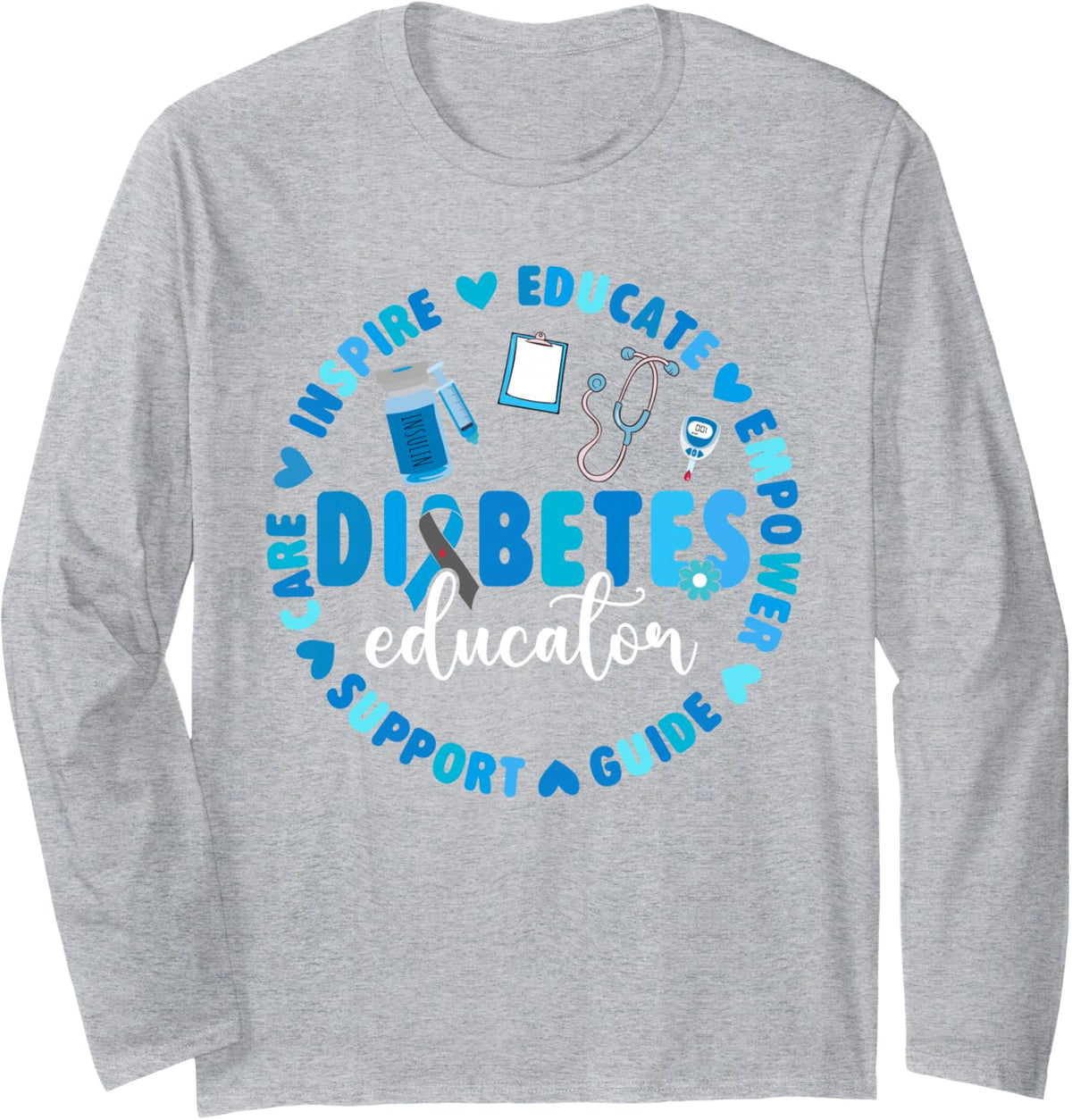 Diabetes Educator Support Diabetes Awareness Blue Ribbon Long Sleeve T-Shirt - Adult Unisex Heather Grey