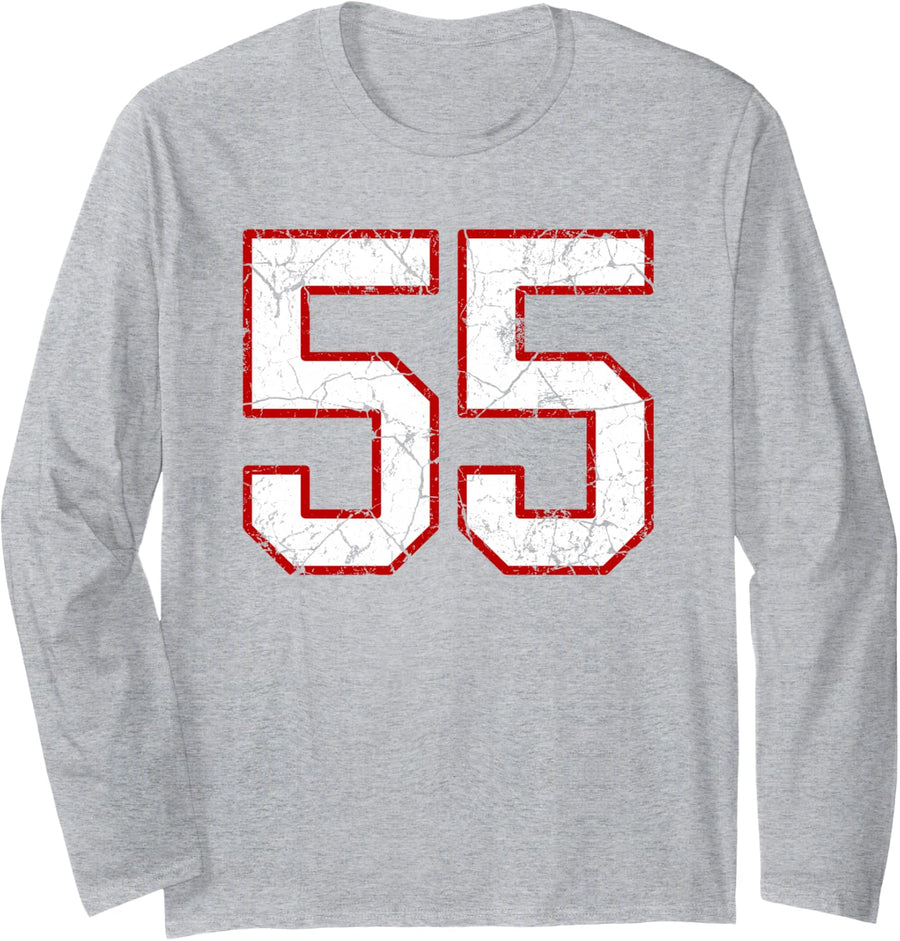 White and Red Sports Number 55 Jersey Uniform Player Long Sleeve T-Shirt - Adult Unisex Heather Grey